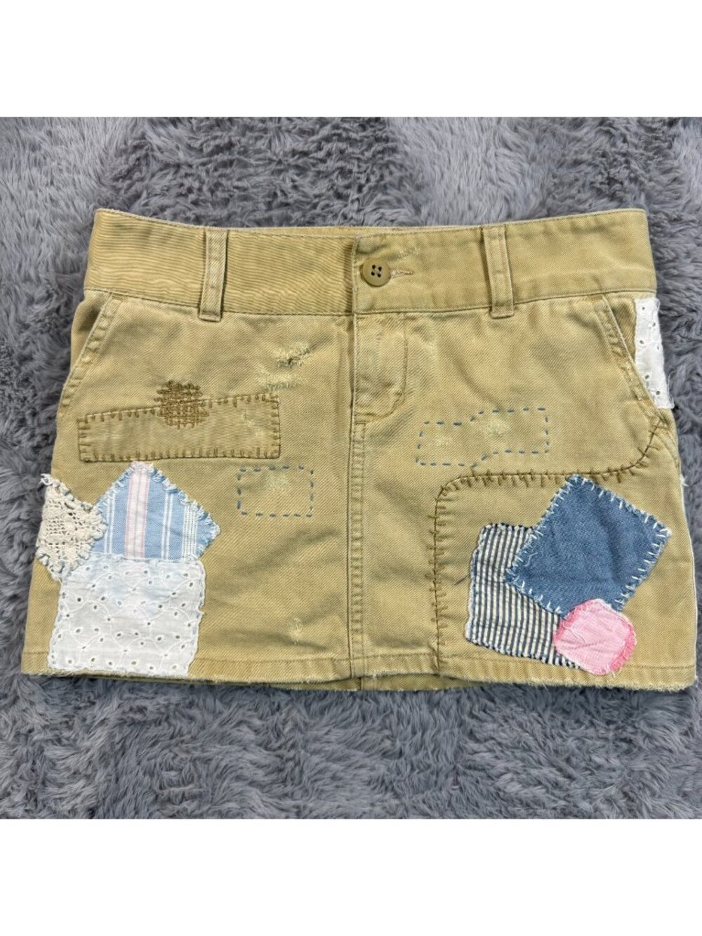 Ralph Lauren Short Skirt Girls 12 Beige Patchwork Cotton Mini Summer Distressed